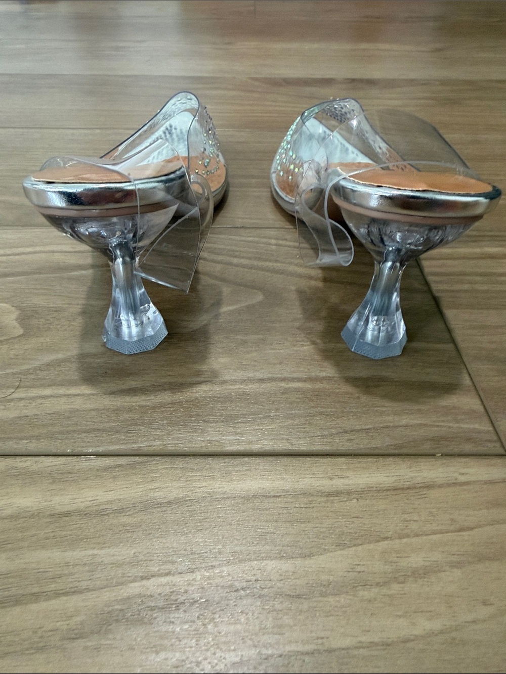 Clear Pointed Toe Slingback Heels with Iridescent Rhinestones - Picture 3 of 6
